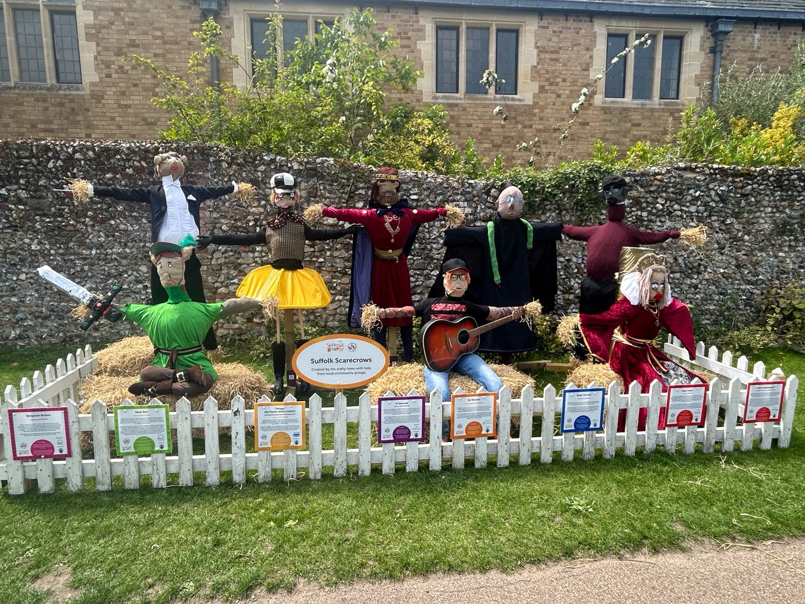 A selection of scarecrow models of celebrities and historic figures from Suffolk